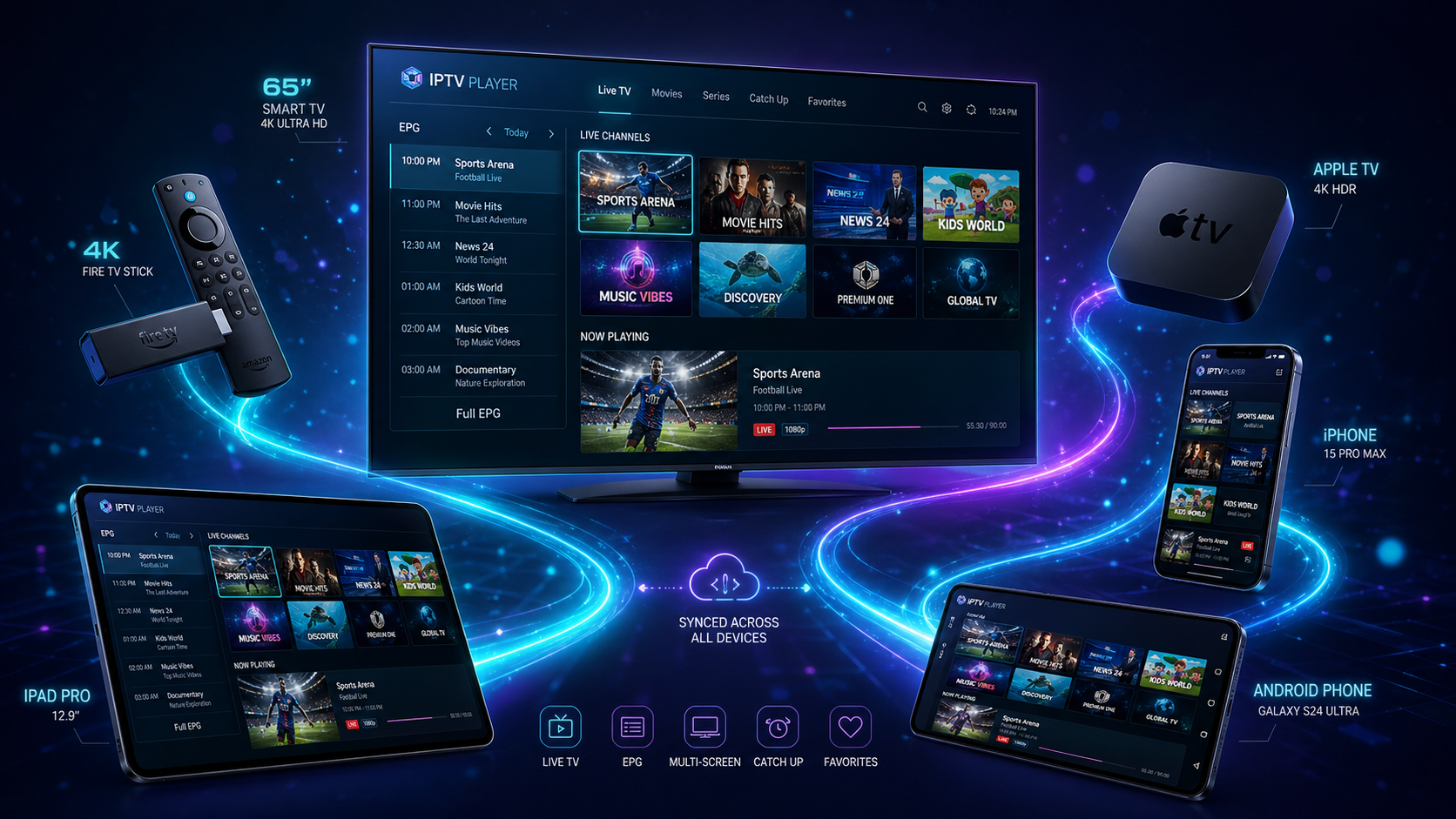 IPTV Smarters Pro app geopend op Smart TV, smartphone, tablet en Fire TV Stick