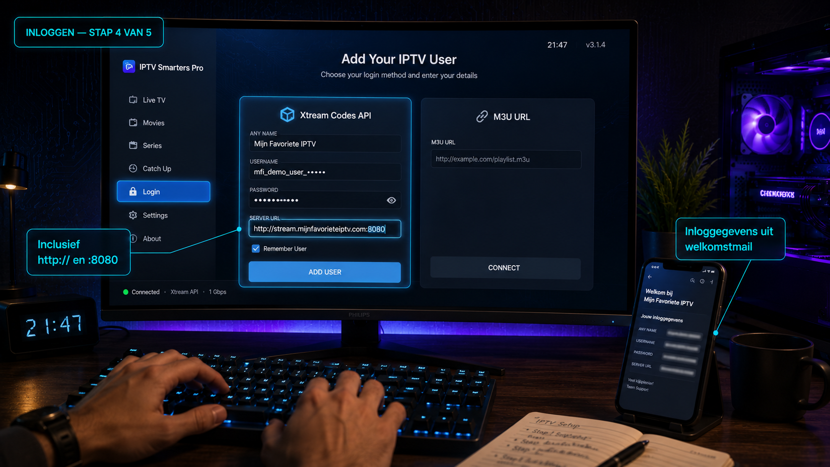 Xtream Codes inloggen IPTV Smarters Pro PC