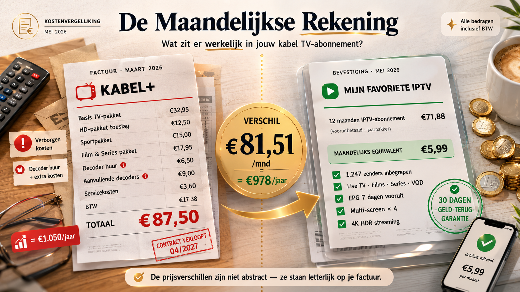 Kabel TV rekening vs IPTV kosten uitsplitsing maandelijks