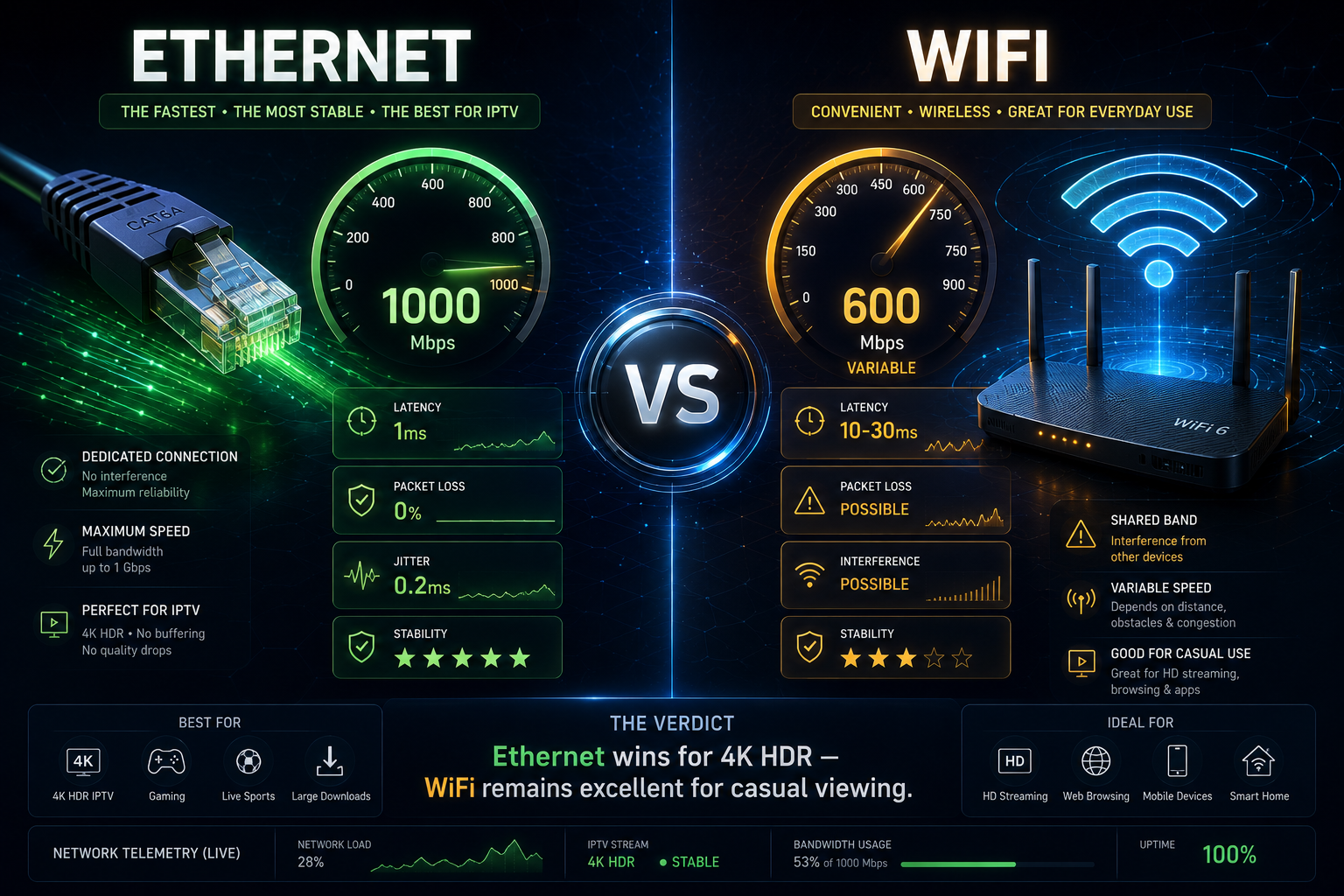 Ethernet vs WiFi IPTV streaming snelheid vergelijking
