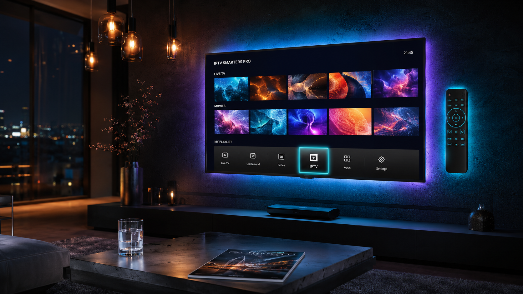 IPTV Smarters Pro op Samsung Tizen Smart TV met cyan glow