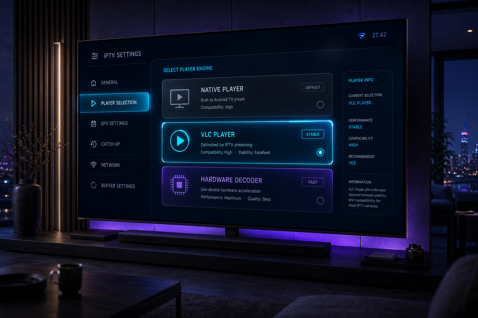 IPTV Smarters Pro player settings — Native VLC en Hardware decoder vergelijking